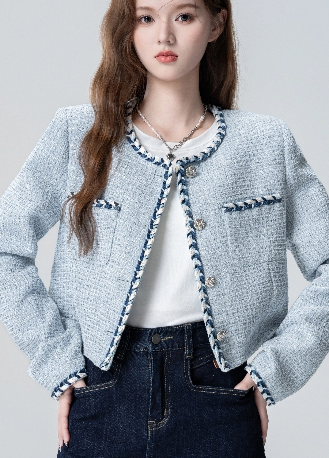 Blue Tweed Round Neck Short Jacket Cardigan - Fashion Chingu