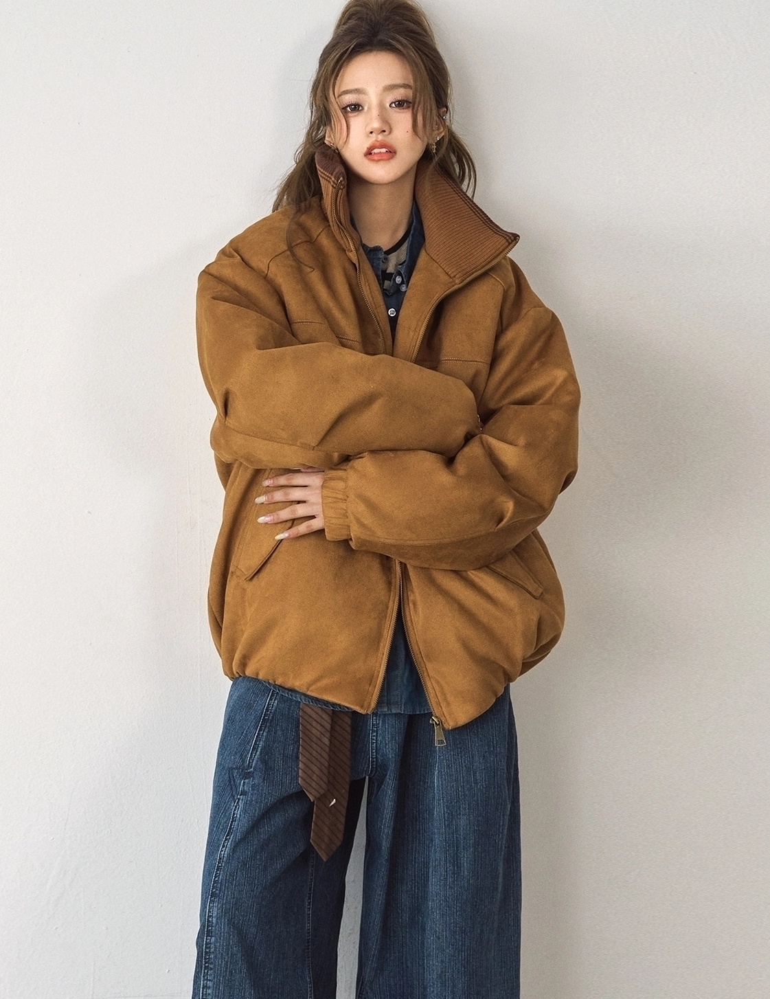 Vintage Suede Stand Collar Puffer Jacket Fashion Chingu