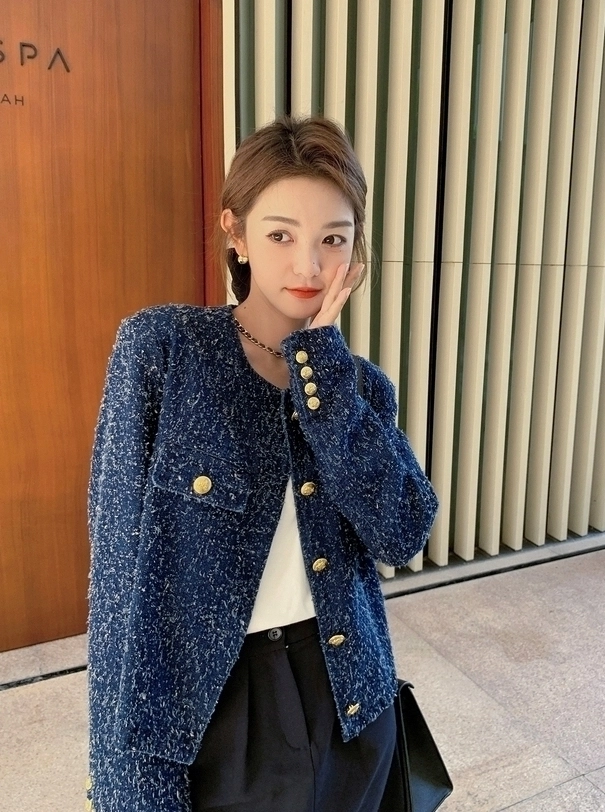 Blue Tweed Gold Buttons Blazer Jacket | Ki Ka Young - Genie, Make