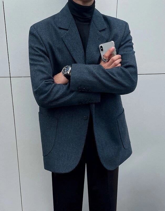 Blue Houndstooth Blazer Jacket | San - ATEEZ - Fashion Chingu