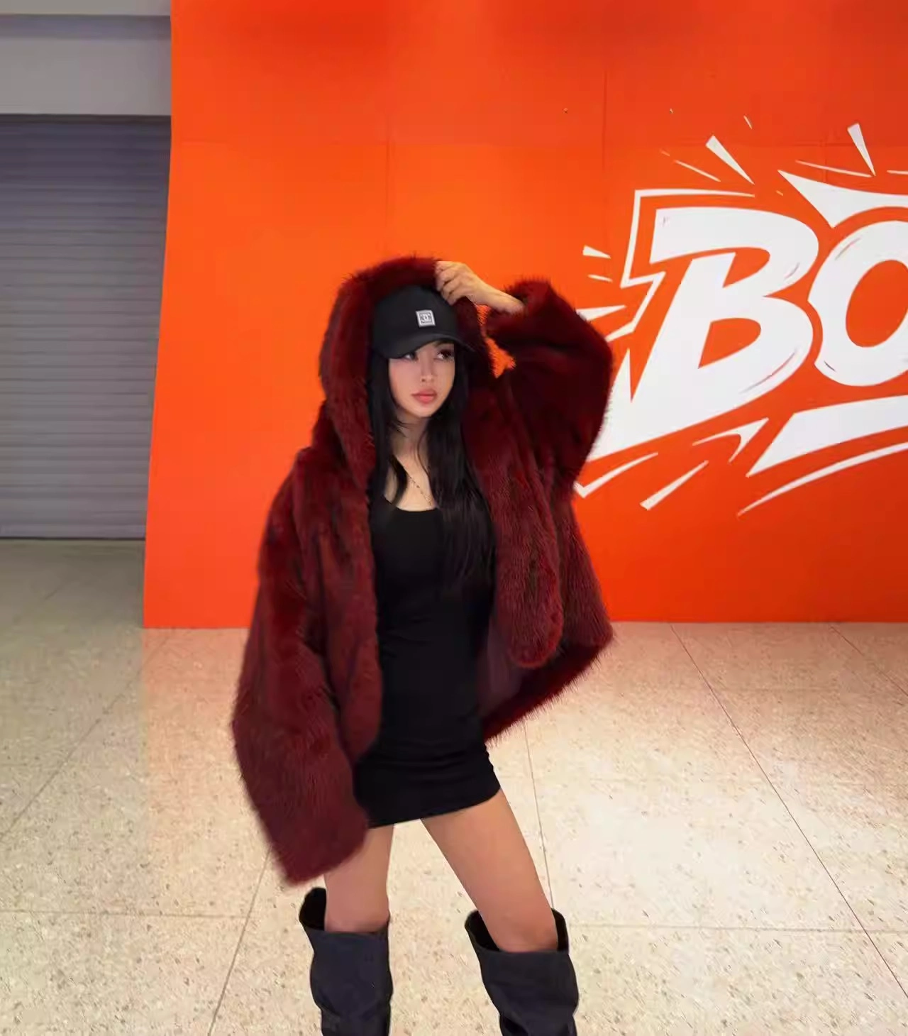 Red Hooded Faux Fur Jacket | Sakura - Le Sserafim - Fashion Chingu