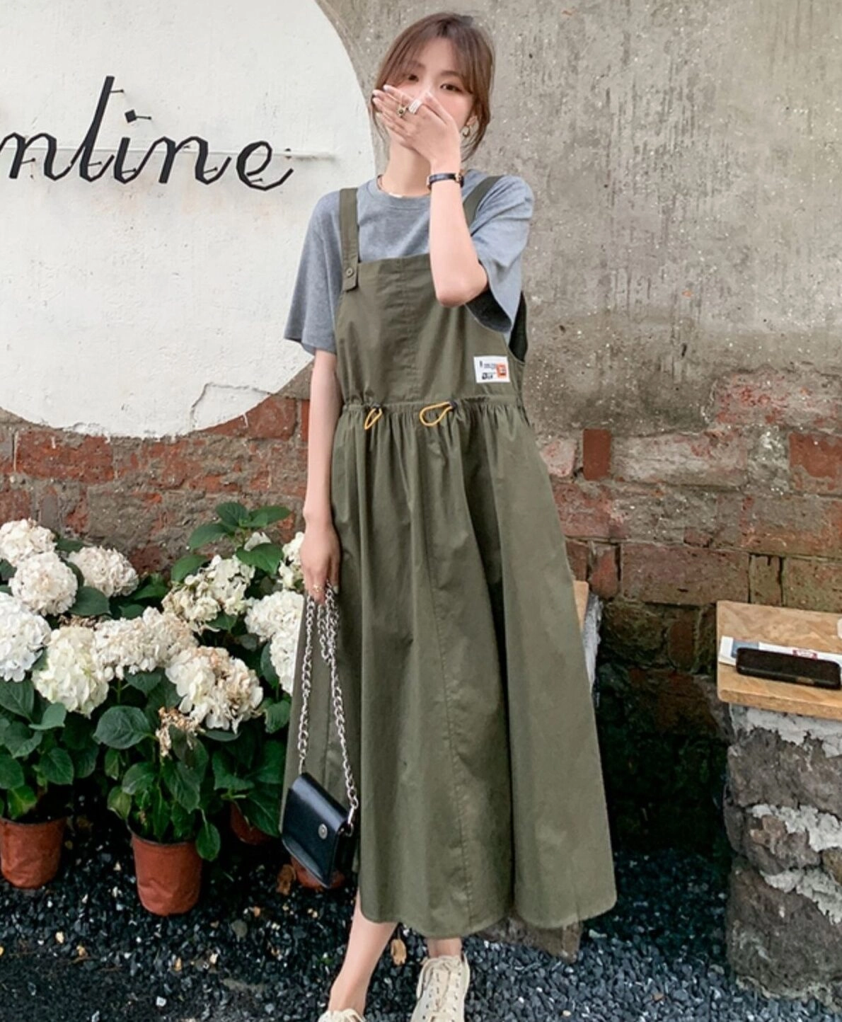 Army Green Suspender Dress With Drawstring Waist | The Other Aesthetic