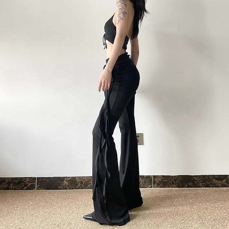 Black Flared Pants With Rose Ribbon | The Other Aesthetic